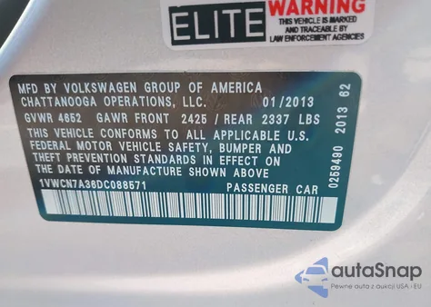 2013 Volkswagen Passat 2.0L Tdi Sel Premium z USA, uszkodzony, nr VIN 1VWCN7A36DC088571